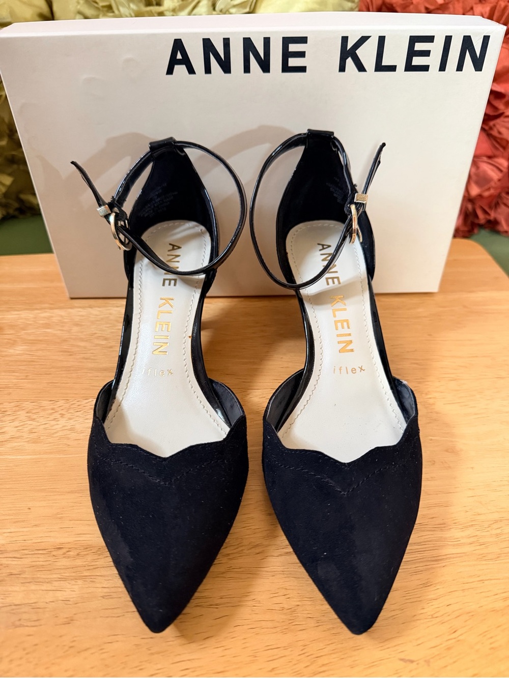 Anne Klein Black Pointed-Toe Ankle-Strap Heels